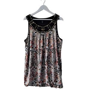 Style & Co Top Boho Printed Sleeveless Embellished Neck Tank Womens Size Large